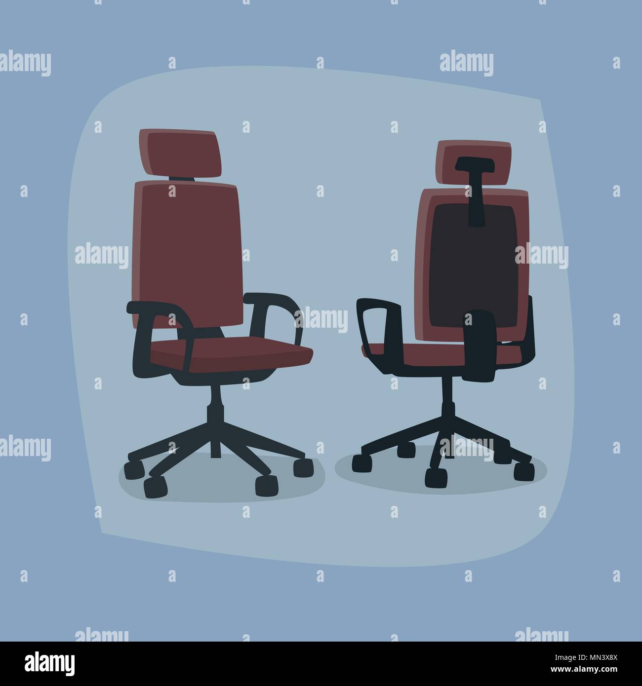 Eingestellt von isolierten Bürostühlen in verschiedenen Winkeln, in der Vorderseite drei Viertel und zurück drei Viertel Stock Vektor
