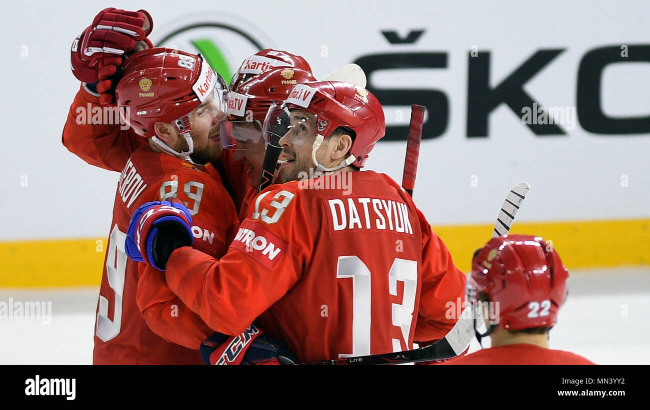 Spieler der Russischen Eishockey Nationalmannschaft ein Ziel bei der Eishockey-WM match Russland feiern vs Schweiz, in Kopenhagen, Dänemark, 12. Mai 2018. (CTK Photo/Ondrej Deml) Stockfoto
