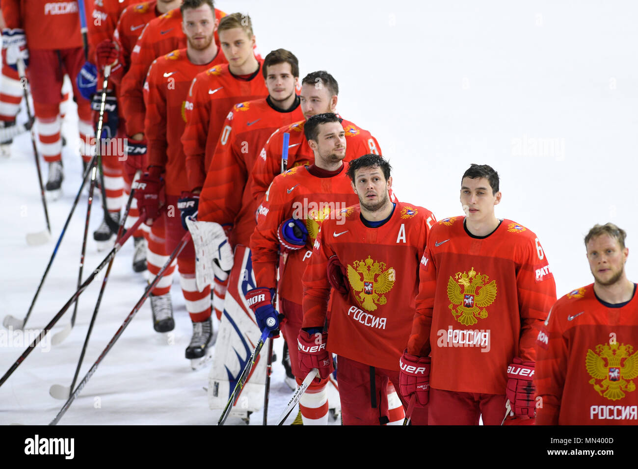Spieler der Russischen Eishockey Nationalmannschaft gesehen nach der Eishockey-WM match Russland Schweiz, in Kopenhagen, Dänemark, 12. Mai 2018 vs. (CTK Photo/Ondrej Deml) Stockfoto