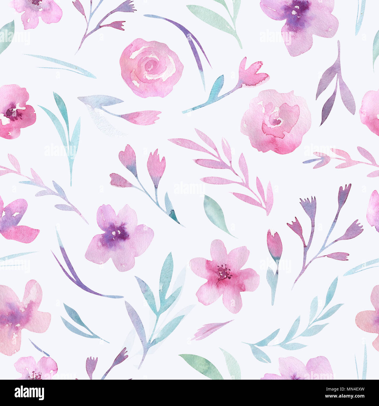 Aquarell floralen Muster. Nahtlose Muster mit lila, gold und rosa Blumenstrauß auf weißem Hintergrund. Blumen, Rosen, Pfingstrosen und Blätter Stockfoto