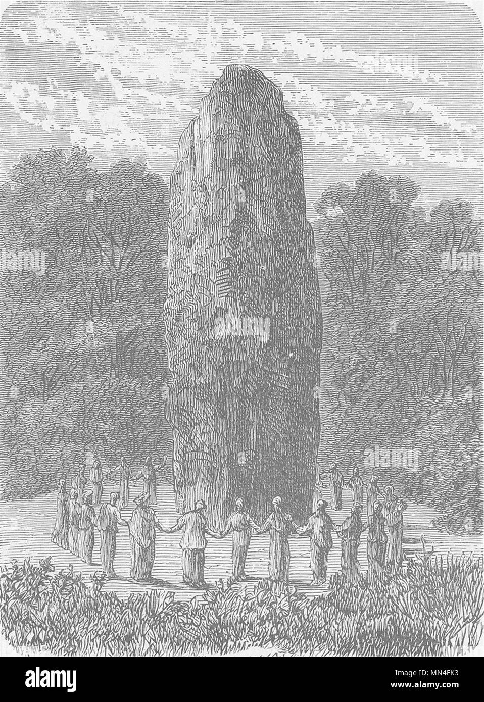 Denkmäler. Druidesses tanzen Runden ein Menhir 1893 alte antike Bild drucken Stockfoto