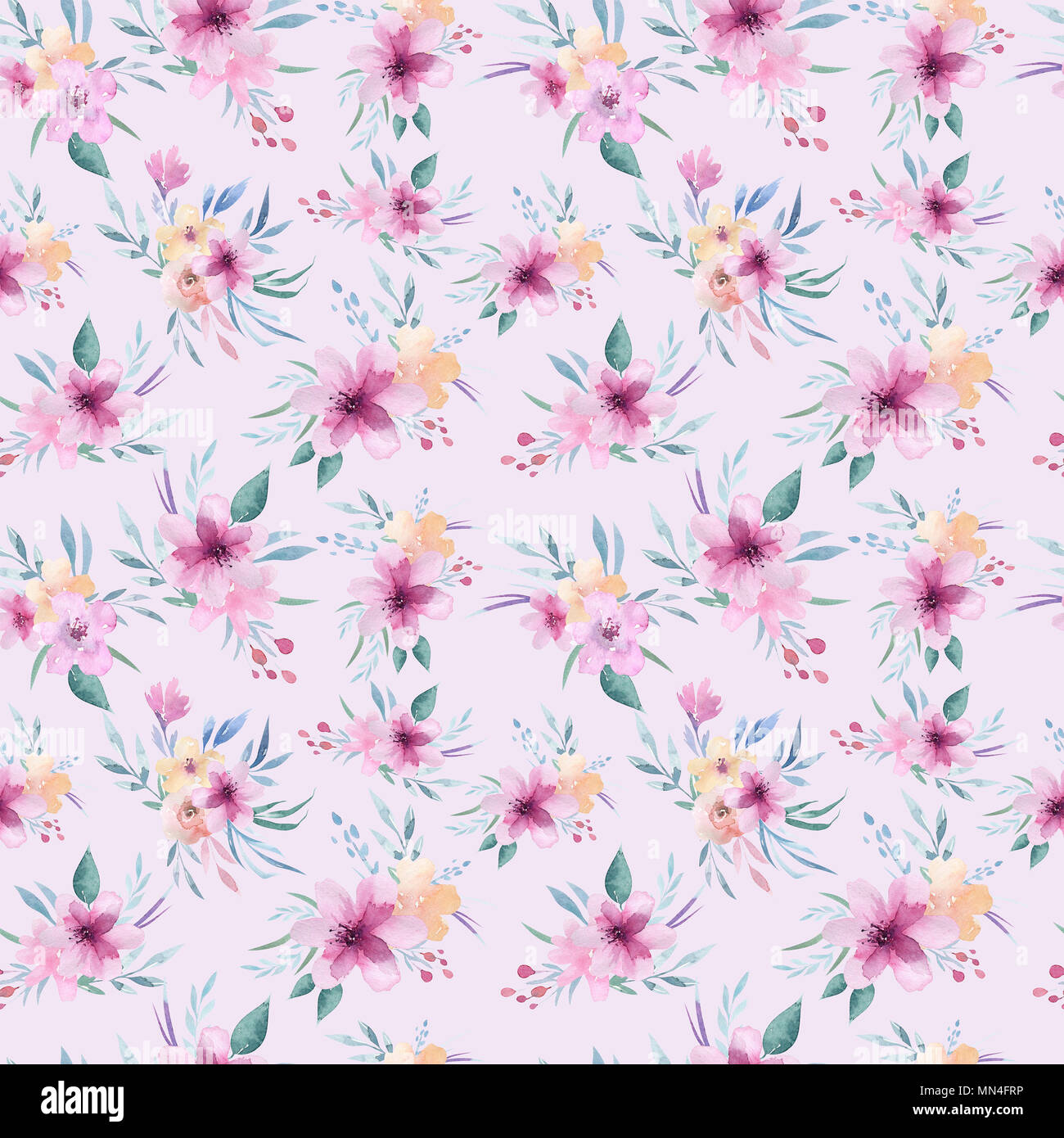 Aquarell floralen Muster. Nahtlose Muster mit lila, gold und rosa Blumenstrauß auf weißem Hintergrund. Blumen, Rosen, Pfingstrosen und Blätter Stockfoto