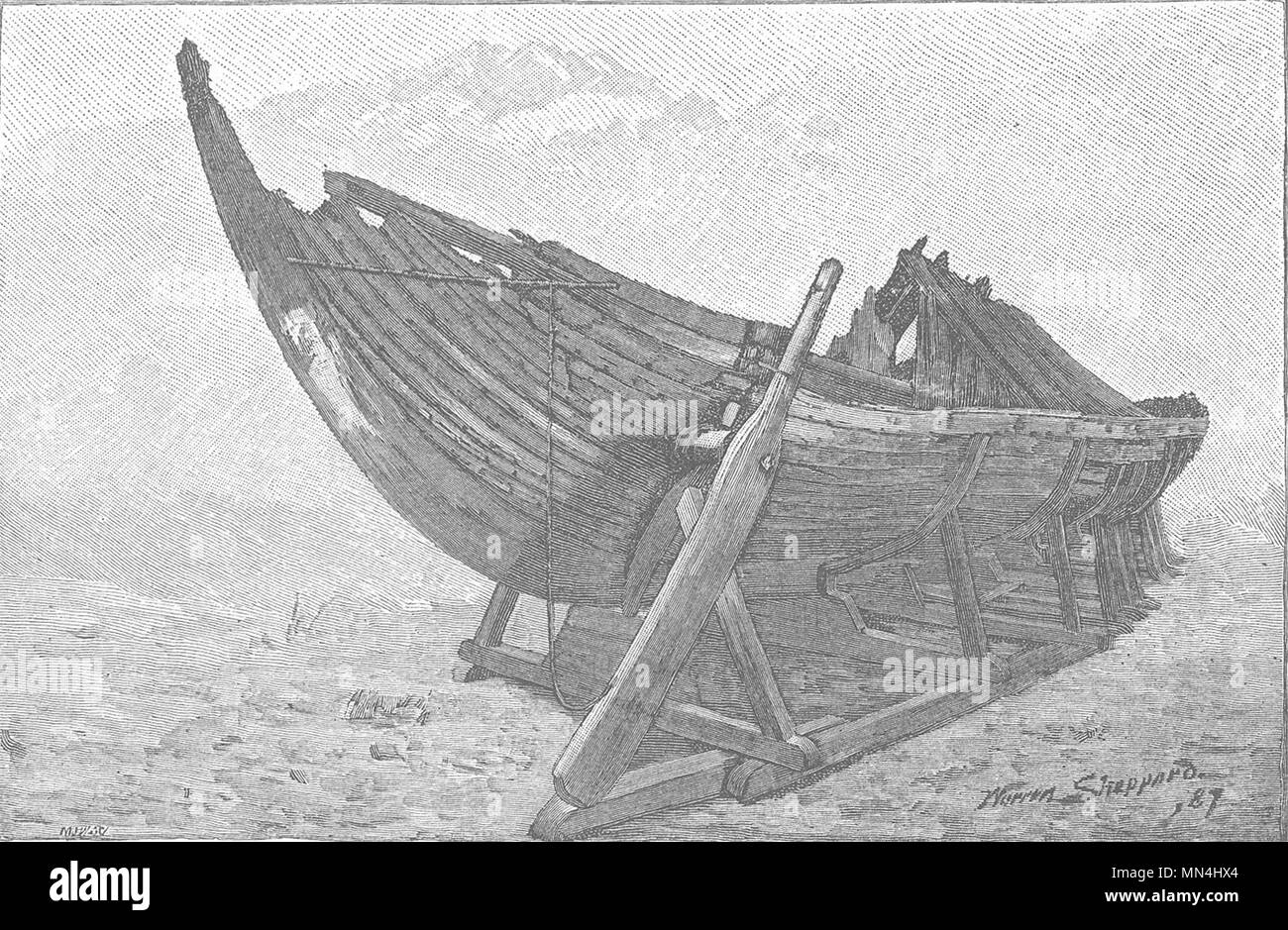 Norwegen. Das Wikingerschiff, zeigt das Ruder 1890 alte antike Bild drucken Stockfoto