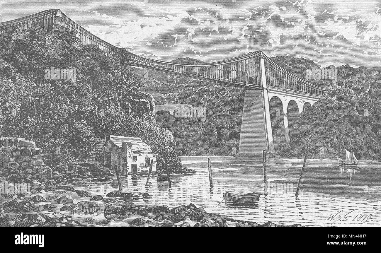 WALES. Menai Straits. Suspension Bridge 1898 alte antike vintage Bild drucken Stockfoto