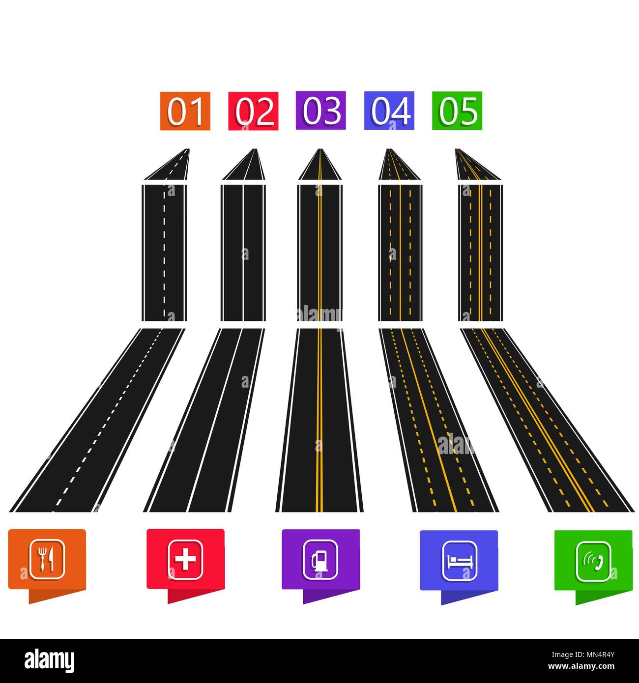 Infografiken. Eine Reihe von Straßen mit weißen und gelben Markierungen in Perspektive und eine Sicht von oben auf einem weißen Hintergrund. Stock Vektor