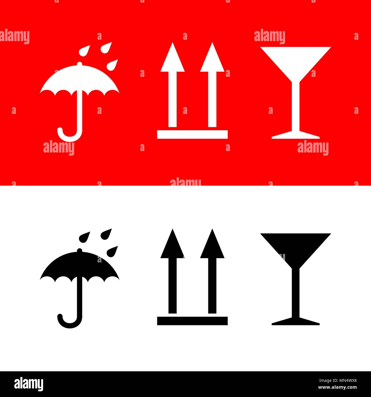 Symbole Regenschirm, Pfeile, Glas Wein auf weißen und roten Hintergrund. Vektor einrichten Stock Vektor