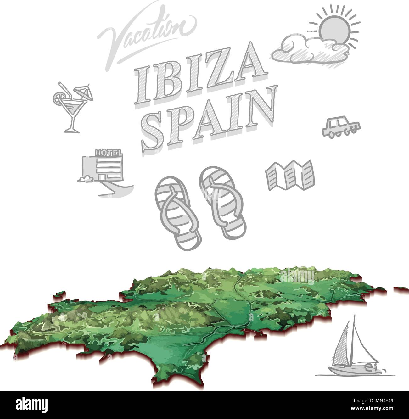 Ibiza, Spanien, Reisen Marketing abdecken, von Hand gesetzt ein Vektor Zeichnungen gezeichnet. Stock Vektor