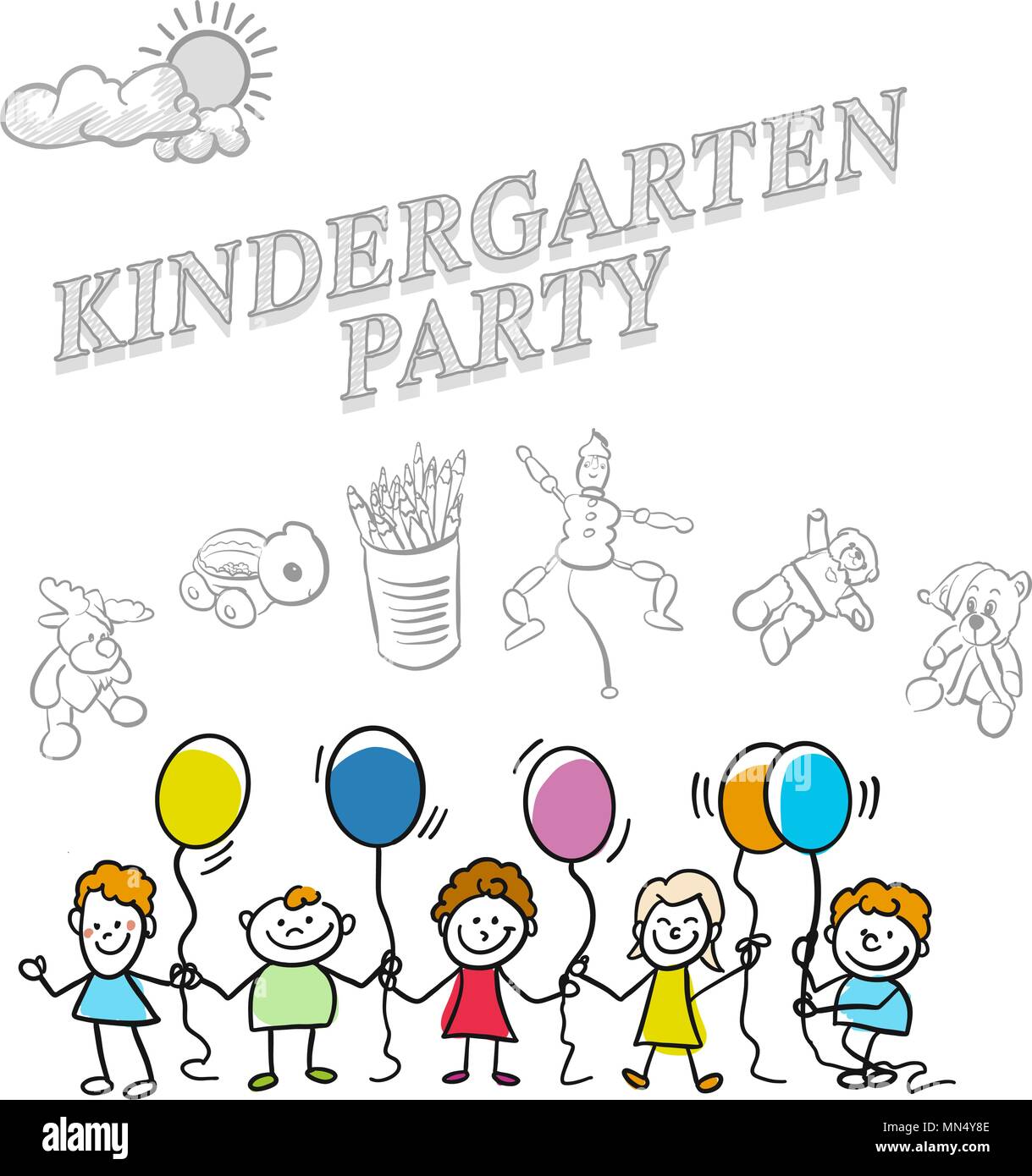 Kindergarten party Marketing abdecken, von der Hand eines Vektors Zeichnungen gezeichnet. Stock Vektor