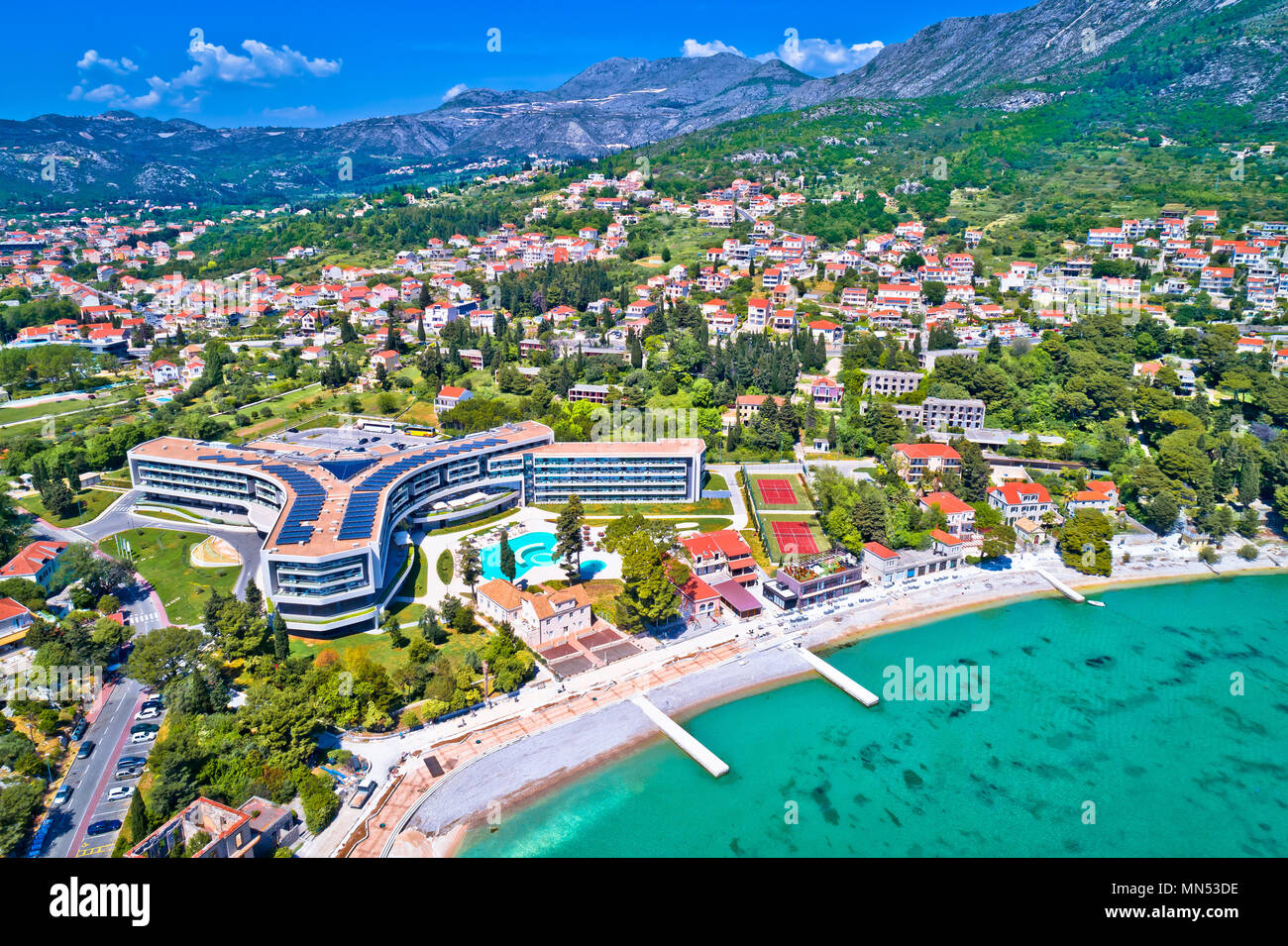 Dubrovnik Region Waterfront in Mlini und Srebreno Luftaufnahme, die Küste von Dalmatien, Kroatien Stockfoto