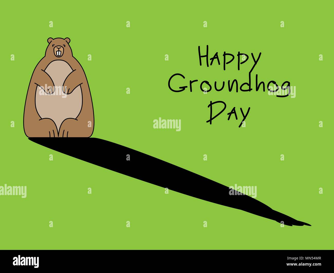 Murmeltier im vollen Wachstum mit Schatten auf grünem Hintergrund mit Aufschrift Happy Day Groundhog Stock Vektor