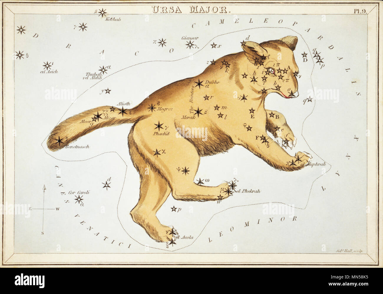 Ursa Major. Karte Nummer 9 von Urania's Mirror, oder einen Blick auf den Himmel, eines der 32 astronomischen Star Chart Karten von Sidney Hall graviert und publshed 1824. Stockfoto