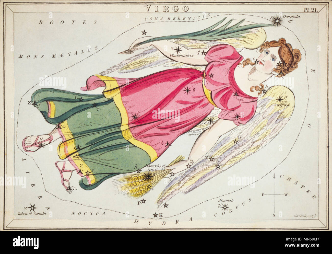 Jungfrau. Karte Nummer 21 von Urania's Mirror, oder einen Blick auf den Himmel, eines der 32 astronomischen Star Chart Karten von Sidney Hall graviert und publshed 1824. Stockfoto