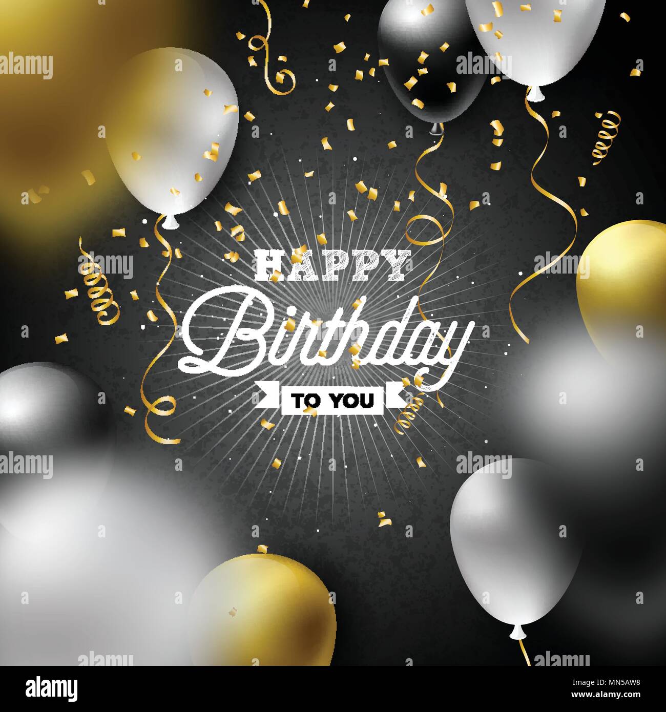 Happy Birthday Vektor Design mit Ballon, Typografie und fallende Konfetti auf dunklem Hintergrund. Abbildung für Geburtstag. Grußkarten oder Party Poster. Stock Vektor