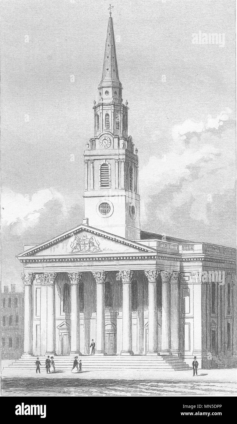 LONDON. St Martin's Church, St Martin's Lane, London. Schmidt 1845 alten Drucken Stockfoto