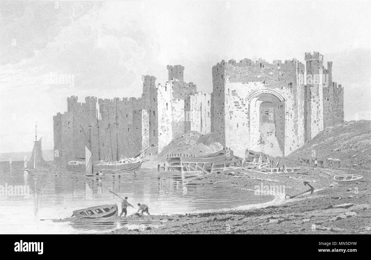 WALES. Caernarvon Castle, caernarvonshire. Schmidt 1845 alten, antiken Drucken Stockfoto