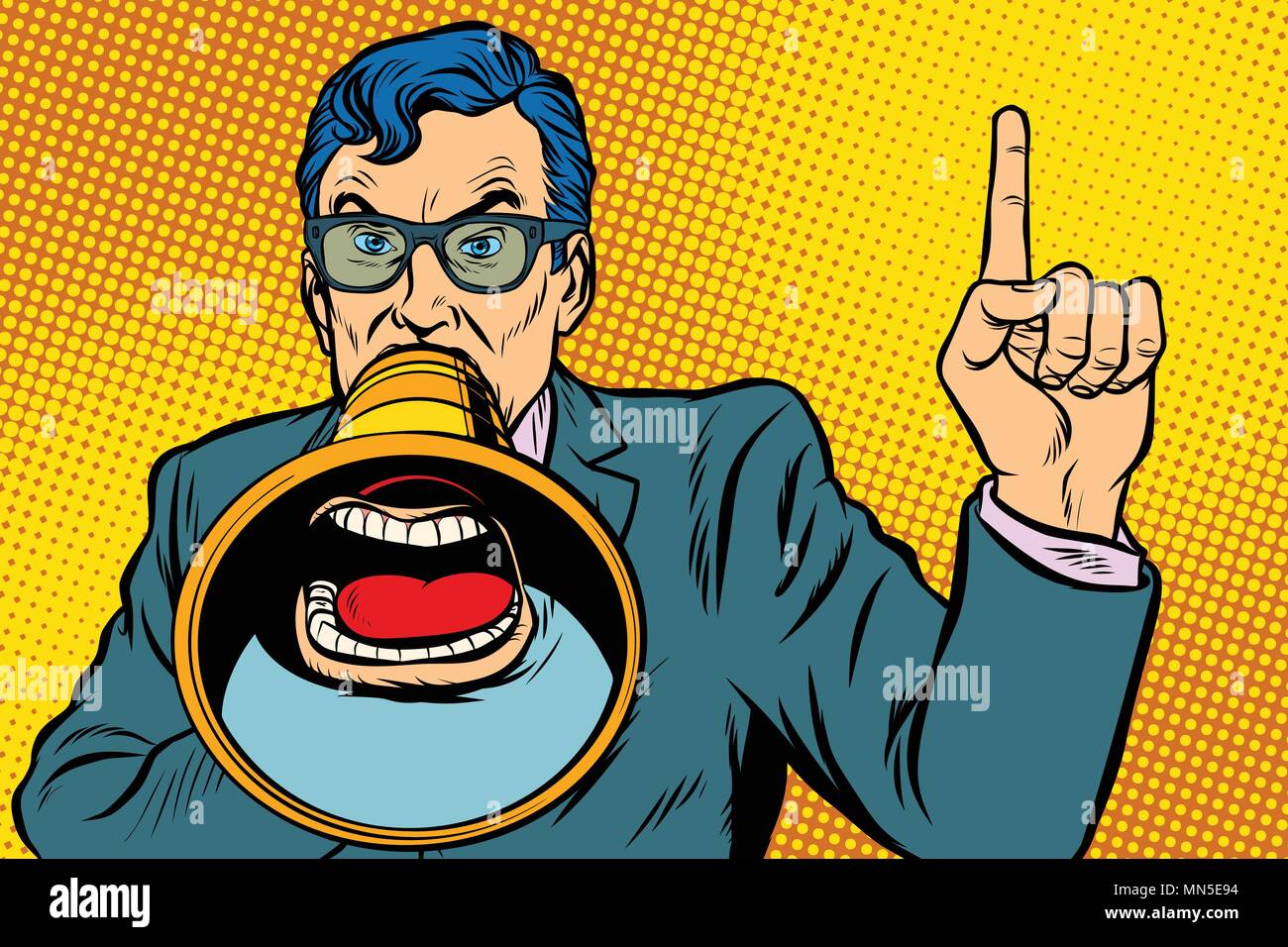 Ein Mann mit einem Megaphon. Pop Art retro Vektor illustration Vintage kitsch Zeichnung Stock Vektor