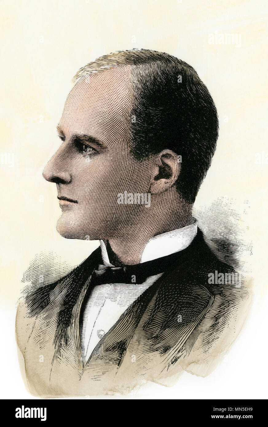 Eugene V. Debs, Präsident der amerikanischen Eisenbahn Union, 1880. Hand - farbige Holzschnitt Stockfoto