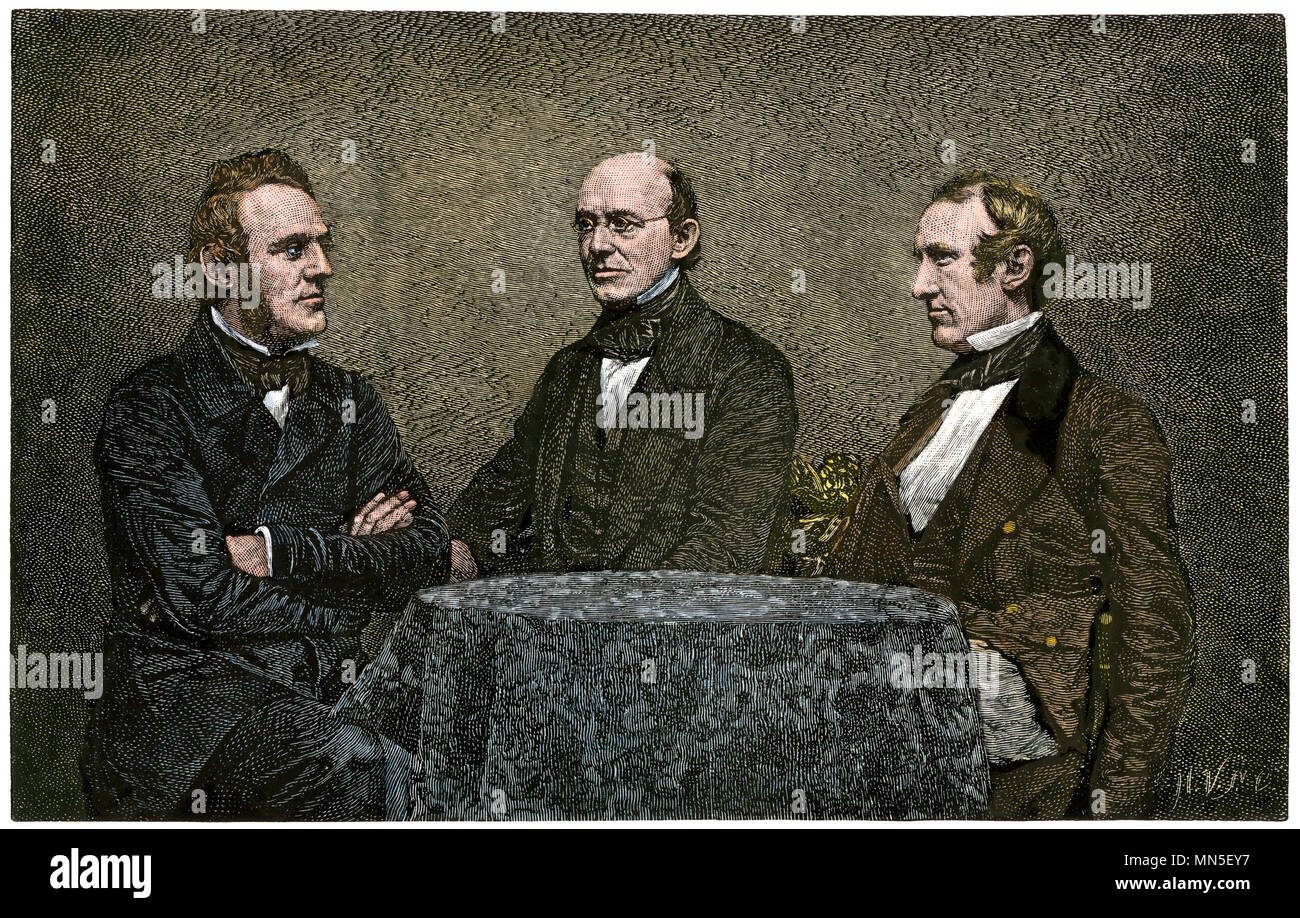 Abolitionisten George Thompson, William Lloyd Garrison, und Wendell Phillips Übertragung, 1851. Hand - farbige Holzschnitt aus einer daguerrotypie Stockfoto