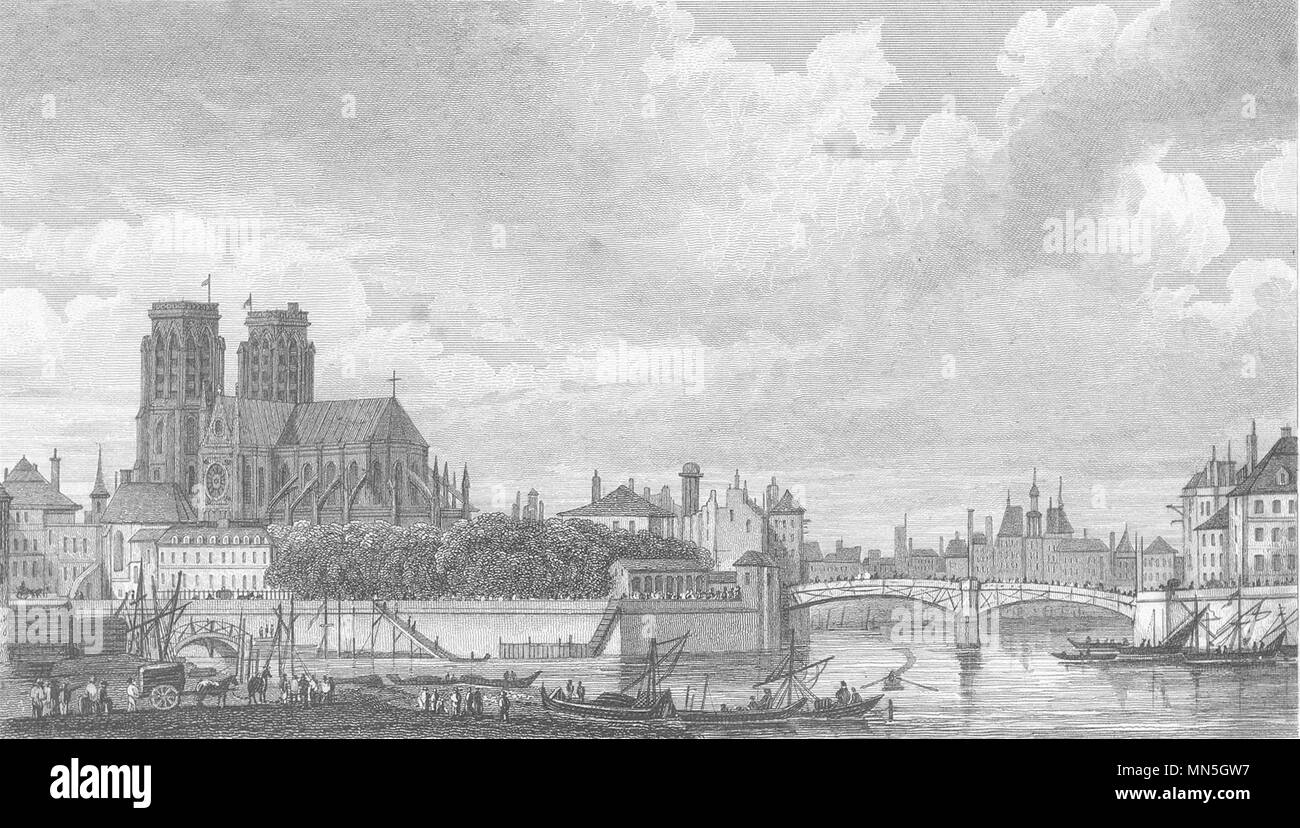 PARIS. Notre Dame et ein Pont Rouge 1831 alte antike vintage Bild drucken Stockfoto