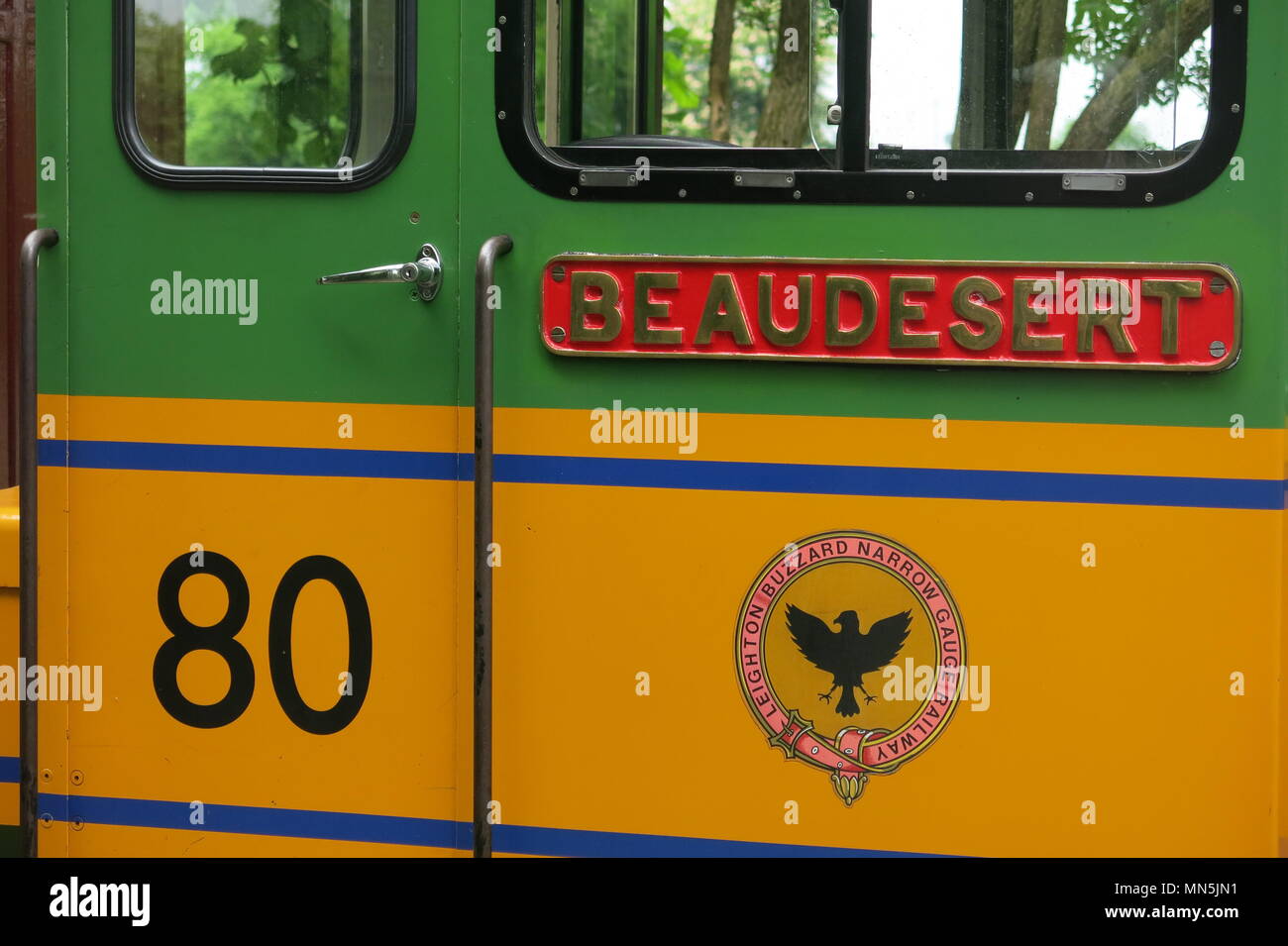 Beaudesert war der Name der Dieselmotor, den Wagen an der Leighton Buzzard Schmalspurbahn am 13. Mai 2018 zog Stockfoto