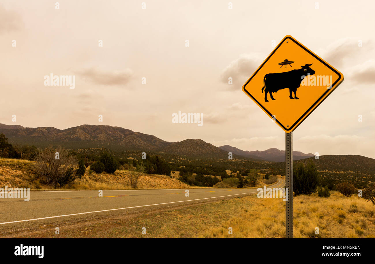Lustige Kuh Entführung durch Außerirdische Straße entlang der Turquoise Trail, Route 66 Scenic Byway, im Frühling zwischen Santa Fe und Albuquerque, New Mexico. Stockfoto