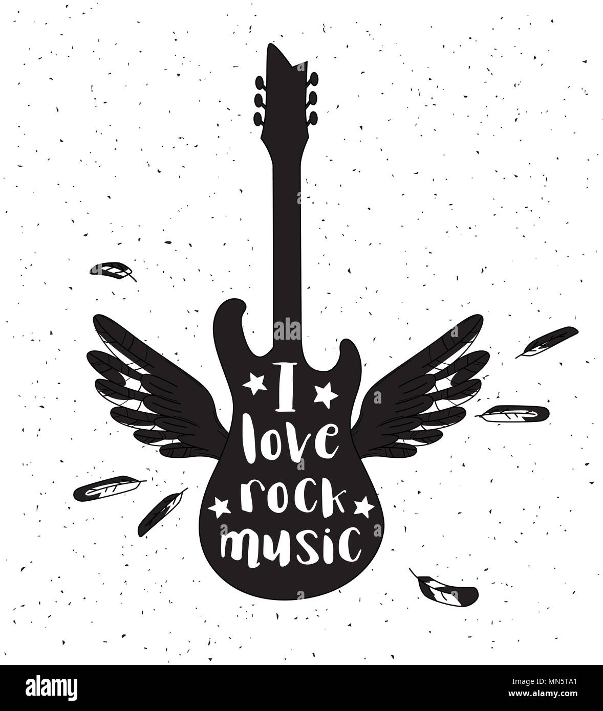 Grunge Rock Musik Poster mit Gitarre Silhouette auf einem weißen Hintergrund. Stockfoto