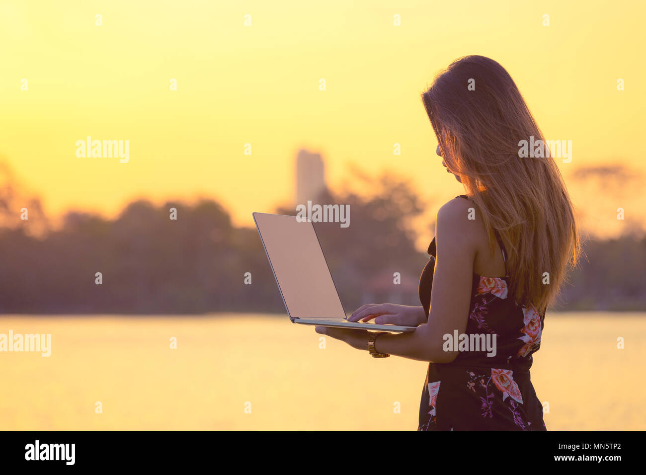 Schöne business Frau mit Laptop im Park bei Sonnenuntergang Stockfoto