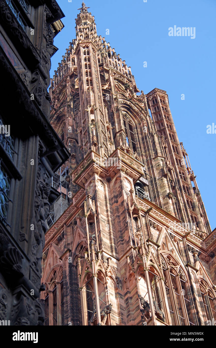 Turm und die Turmspitze auf die Westfassade der Kathedrale von Notre Dame de Strasbourg, mit Ecke angrenzenden mittelalterlichen Fachwerkhaus. Stockfoto