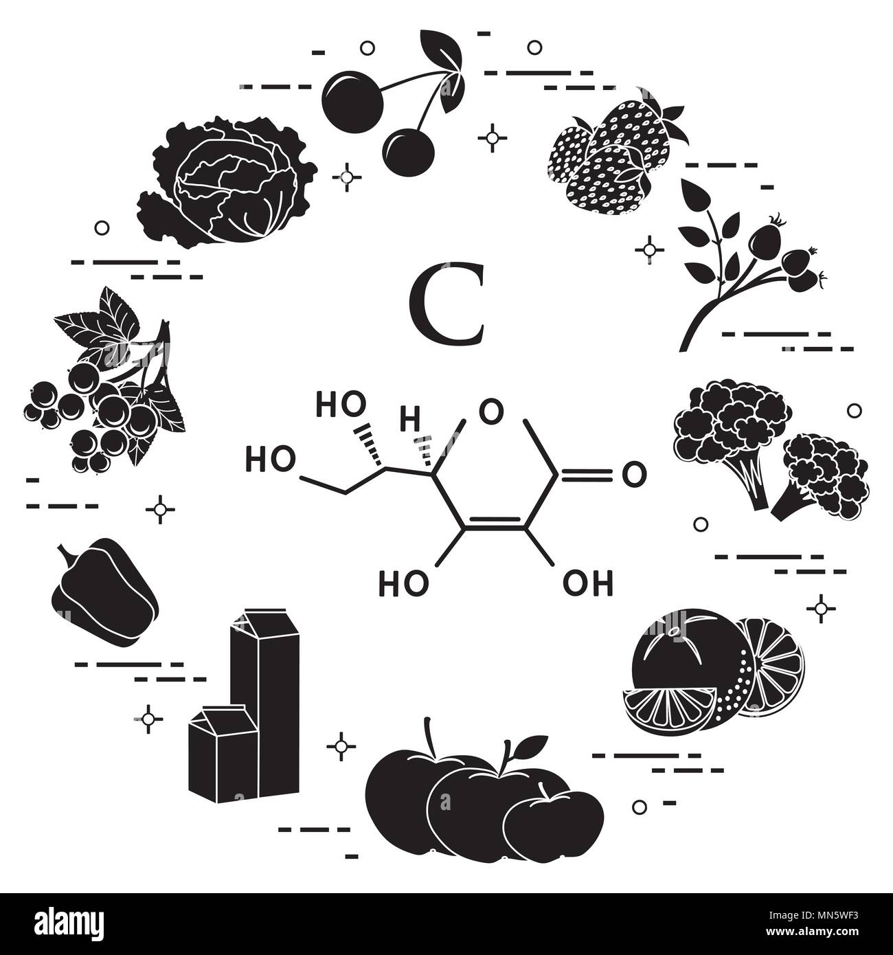 Lebensmittel, die reich an Vitamin C Kirsche, Erdbeere, Dog Rose, Blumenkohl, Orangen, Äpfel, Milch, Milchprodukte, Paprika, Schwarze Johannisbeeren, Kohl. Stock Vektor