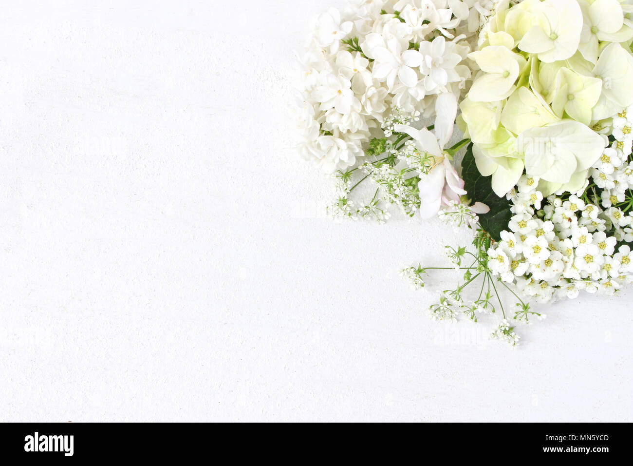 Styled Foto. Dekoratives florale Komposition. Wilde Hochzeit oder Geburtstag Blumenstrauß der blühenden weißen Flieder, apple tree branch, Hortensie, spirea Blumen. Weißem Hintergrund. Flach Stockfoto