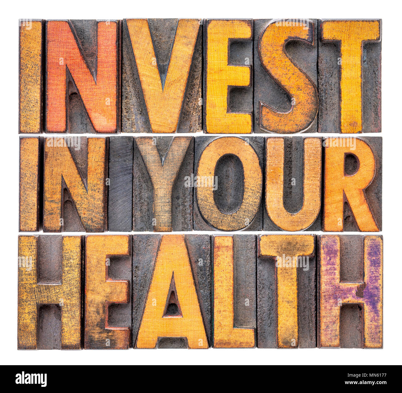 Konzept investieren Sie in Ihre Gesundheit - isolierte Wort in Vintage buchdruck Holz Art Abstract Stockfoto
