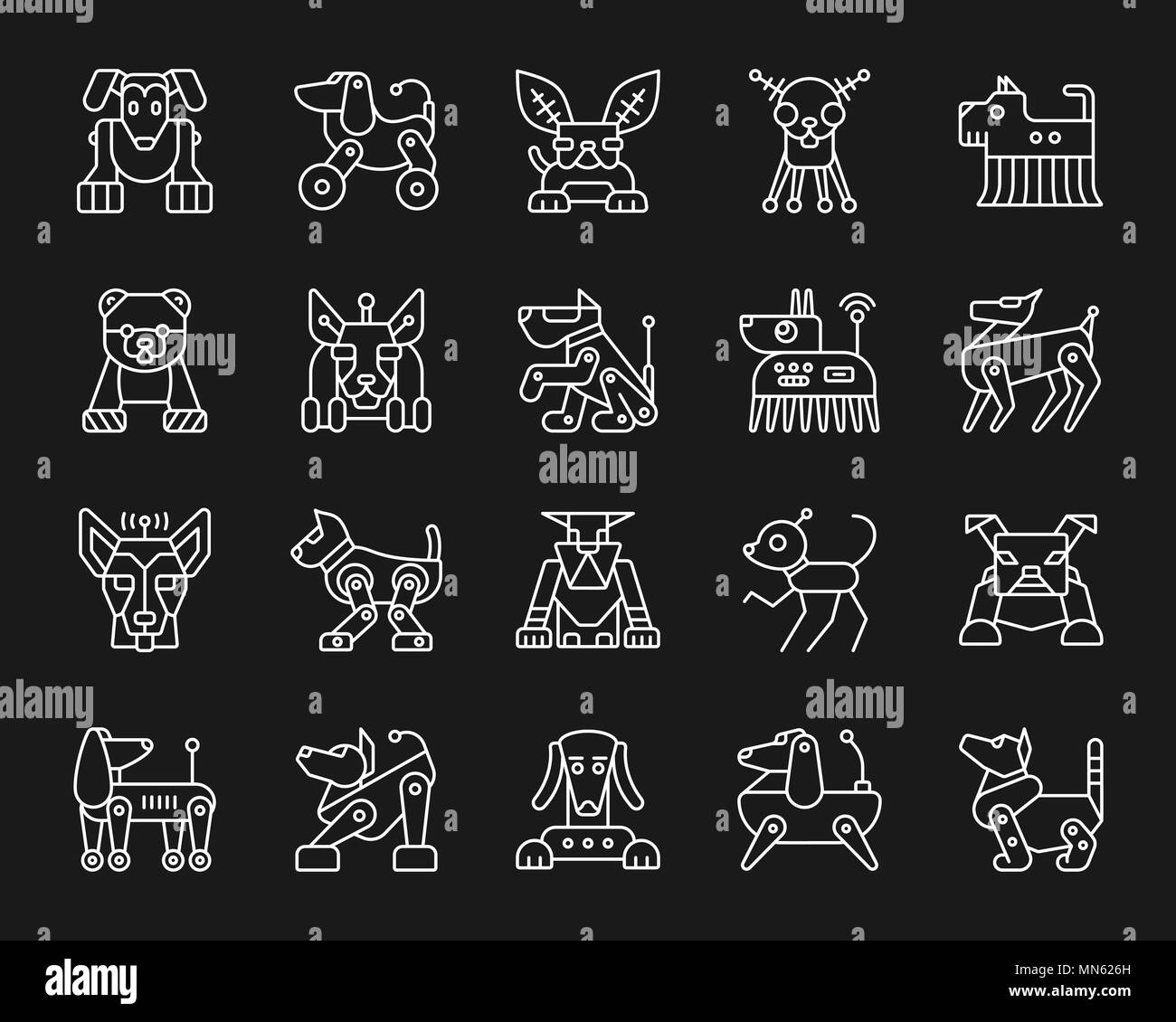 Roboter Hund dünne Linie Symbole gesetzt. Umrisse einfarbig Web sign Kit von pet. Roboter Hund lineare Icon Sammlung umfasst Transformator, Maschine, Cyborg. Einfache Stock Vektor