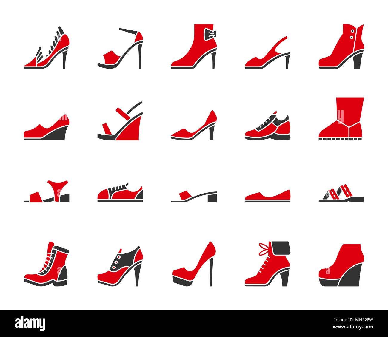 Frauen Schuhe silhouette Symbole gesetzt. Auf weißen Web sign Kit von  Schuhen isoliert. Schuhe Piktogramm Sammlung umfasst ugg, Pumpen, Boote.  Einfach zwei Farbe Stock-Vektorgrafik - Alamy