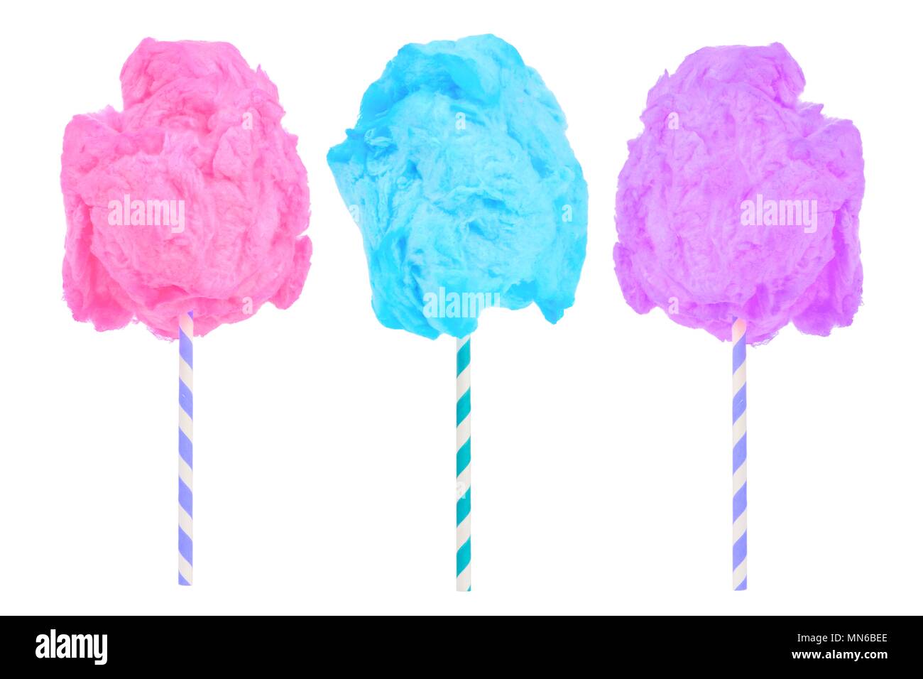 Zuckerwatte in Rosa, Blau und Lila Farben auf weißem Hintergrund Stockfoto