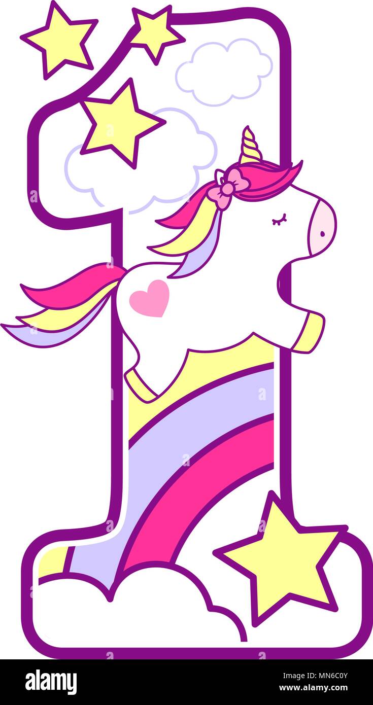 Nummer 1 mit niedlichen Einhorn und Regenbogen. Kann für Baby Geburt Ansagen, Kinderzimmer Dekoration, Party oder Geburtstag Einladung verwendet werden. Design für b Stock Vektor