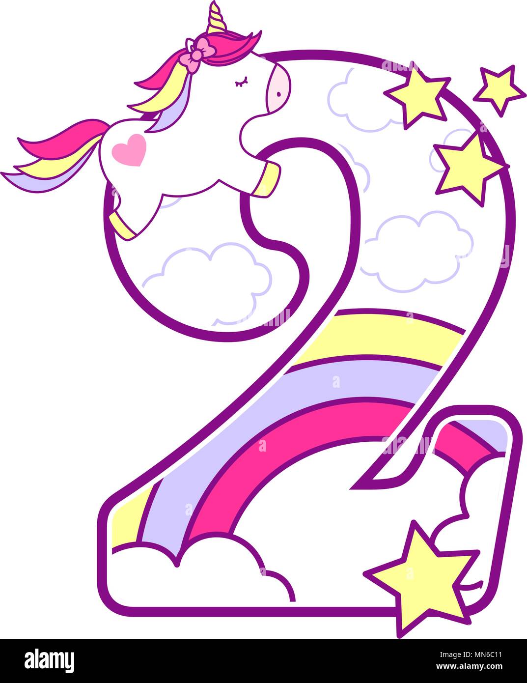 Nummer 2 mit niedlichen Einhorn und Regenbogen. Kann für Baby Geburt Ansagen, Kinderzimmer Dekoration, Party oder Geburtstag Einladung verwendet werden. Design für b Stock Vektor