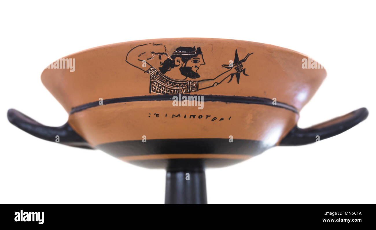 Medellin, Spanien - 28. April 2018: Medellin Kylix oder Eurcherios Cup Replica. Seite Dekoration detail. Besucher Zentrum, Medellin, Spanien Stockfoto