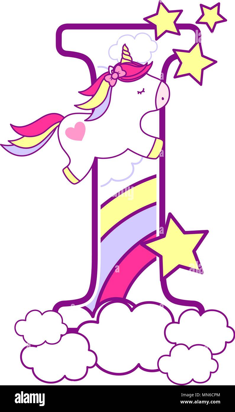 Erste ich mit niedlichen Einhorn und Regenbogen. Kann für Baby Geburt Ansagen, Kinderzimmer Dekoration, Party oder Geburtstag Einladung verwendet werden. Design für Stock Vektor