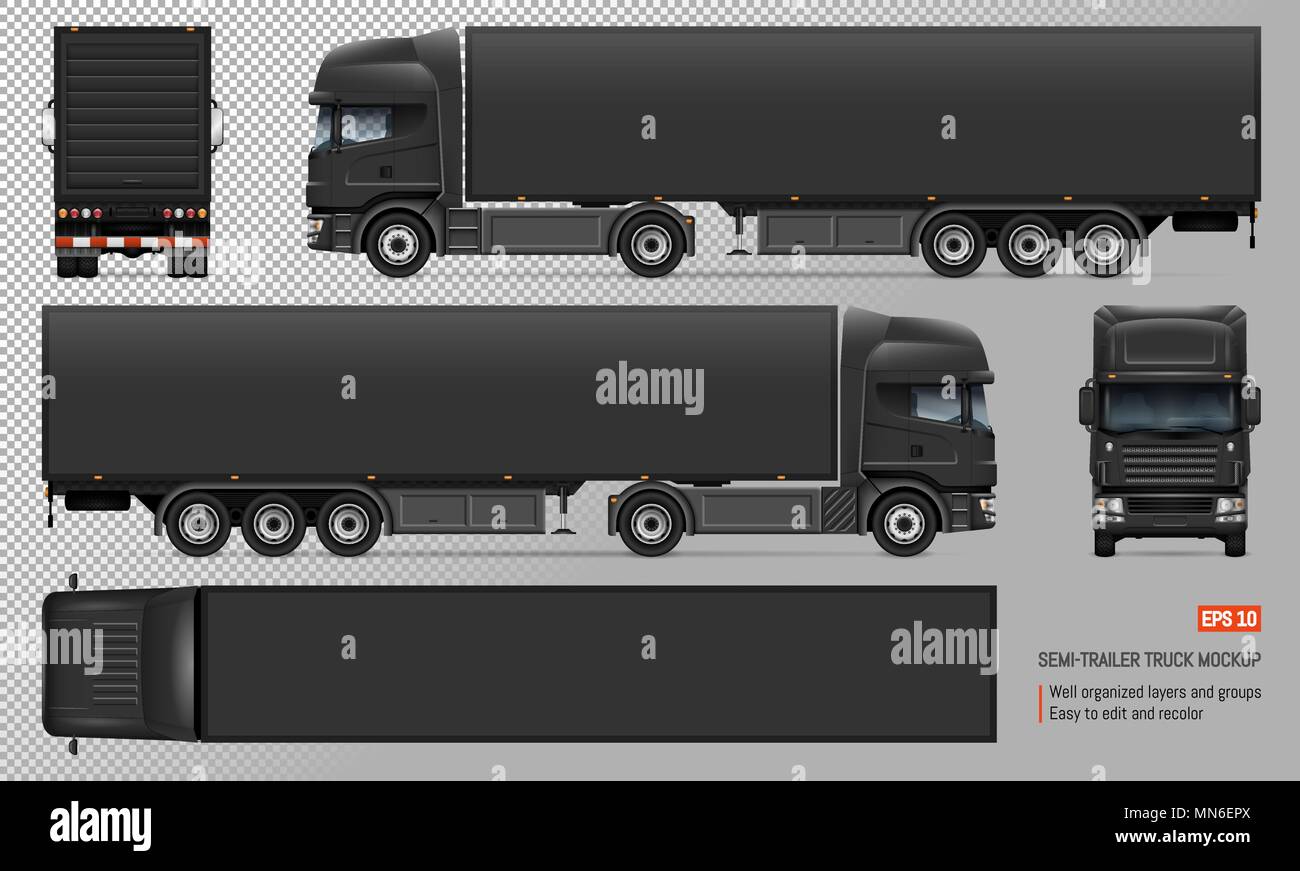 Schwarz Lkw-anhänger Vektor mockup. Isolierte Vorlage von großen Lkw auf transparentem Hintergrund für Fahrzeuge Branding, Corporate Identity. Stock Vektor