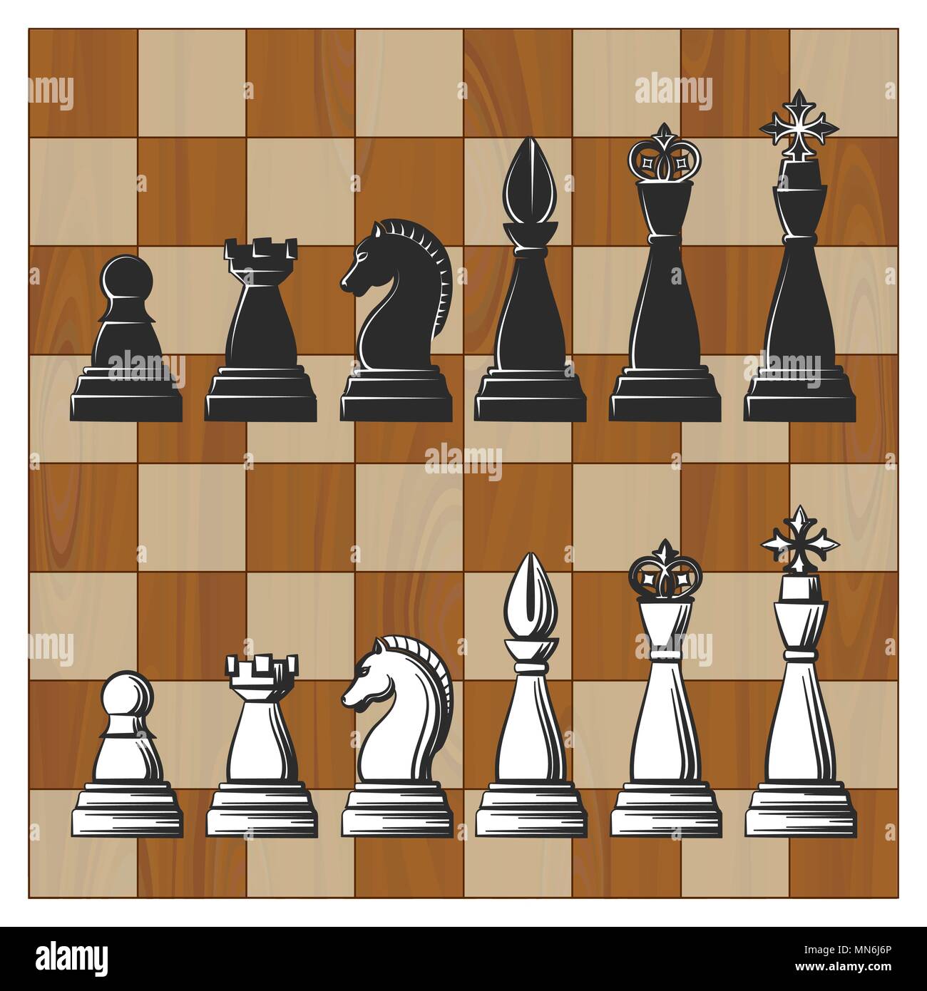 Holz- Schachbrett wth schwarze und weiße Schachfiguren. Vector Illustration. Stock Vektor
