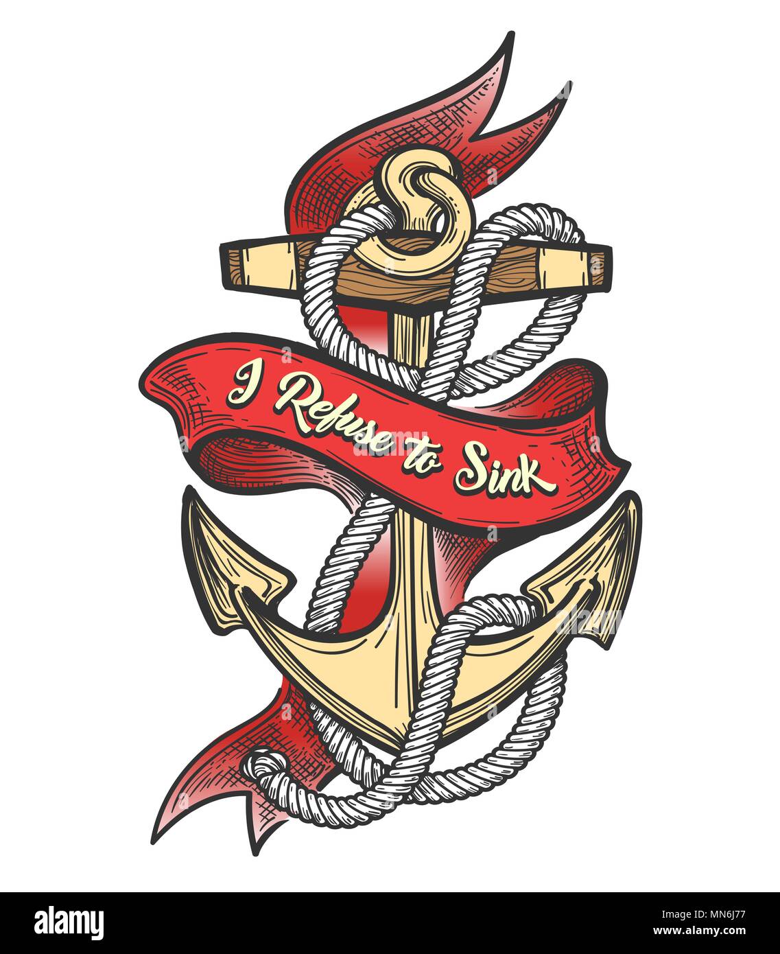 Anker, Seile und Band mit Motivation Wortlaut ich Spüle verweigern gezeichnet inTattoo Stil. Vector Illustration. Stock Vektor