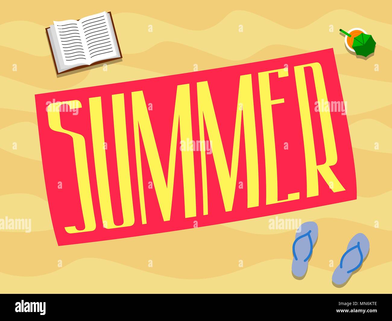 Der Sommer ist die Aufschrift am Strand Handtuch. Sand, Buch, Sandalen, Cocktail. Sommer Poster Stock Vektor