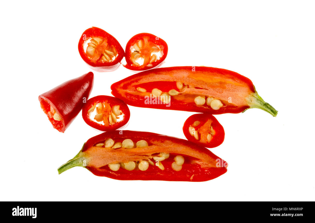 Die Birds Eye, oder Thai Chili, ist eine kleine Chili Sorte der Art Capsicum annuum. Es ist sehr heiß (pikant) mit einem blumigen Aroma, Kom Stockfoto