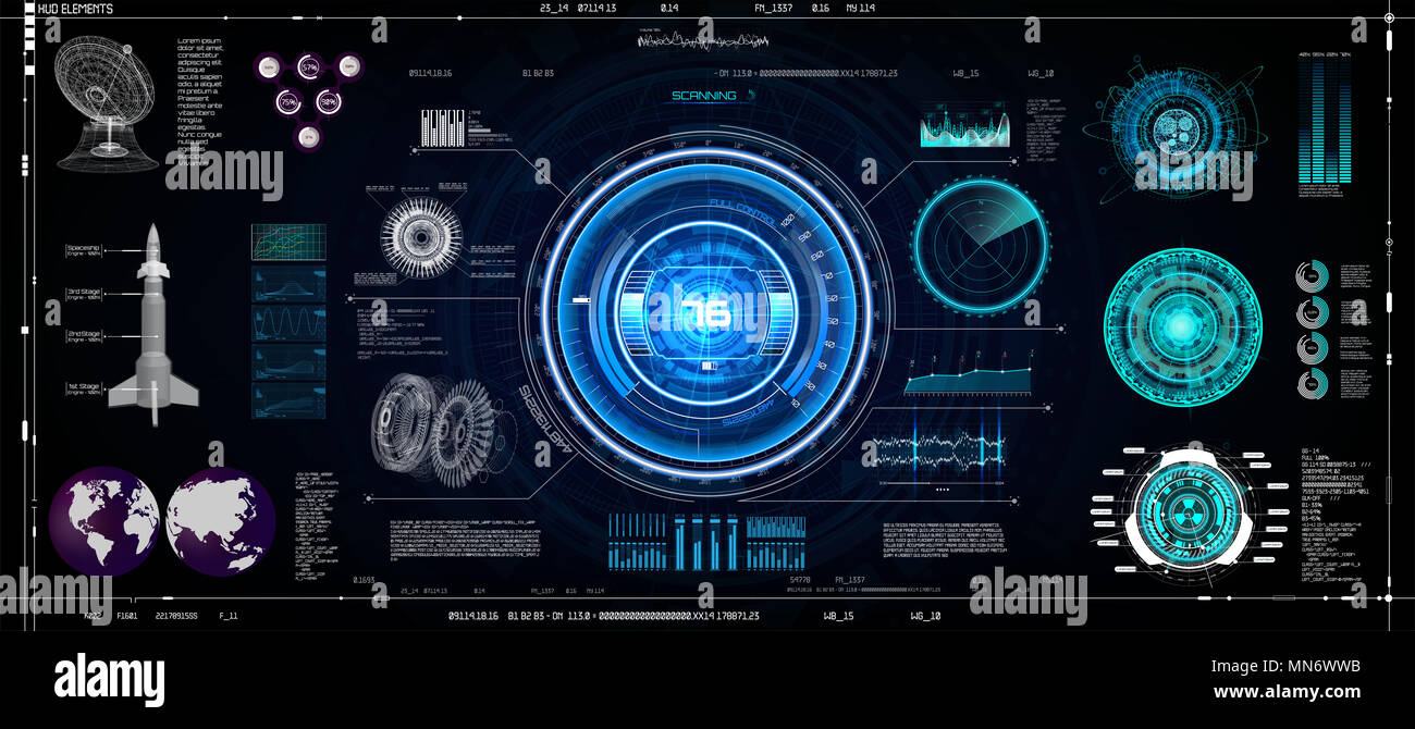 Hud UI Elemente festlegen. Bunte Technologie Elemente Sci-Fi für App (Cockpit, Interface, Armaturenbrett, Infografiken, Radar, Raumschiff, futuristische Kreis, Stockfoto