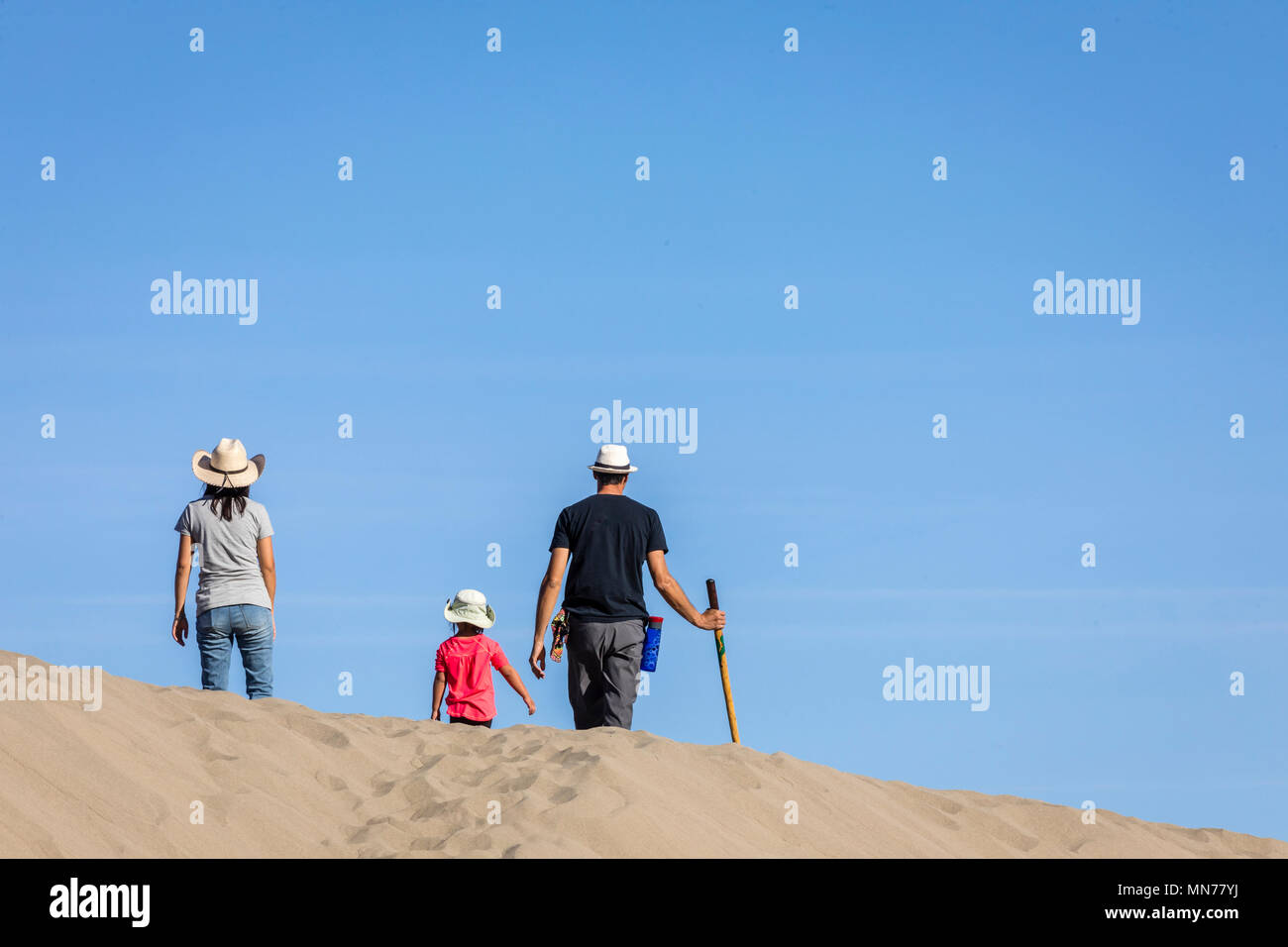 Riesige Fläche von Berg gesäumten Sanddünen erreichen 100 ft. & Ein Hauptpunkt für Sand-boarding. Stockfoto
