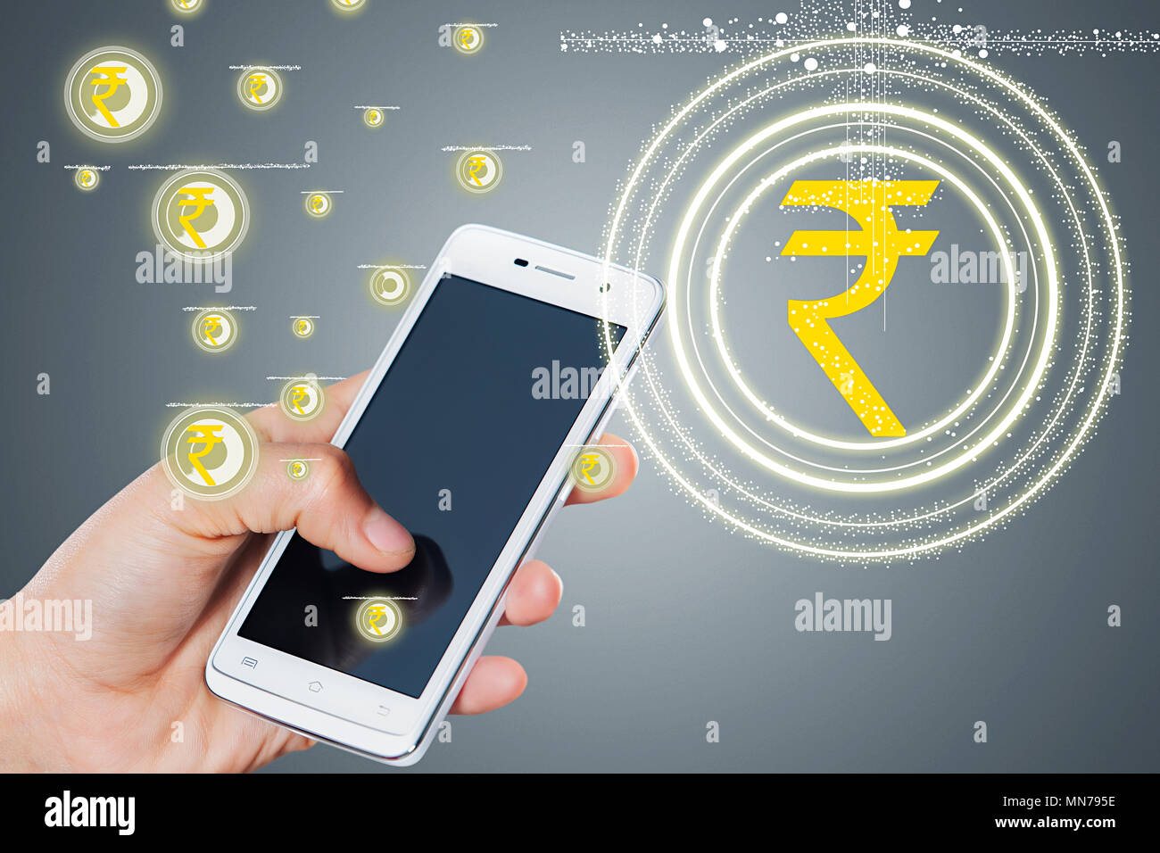 Geschäftsmann mit digitalen Mobilfunktechnologie, Buchen Geld Symbol Stockfoto