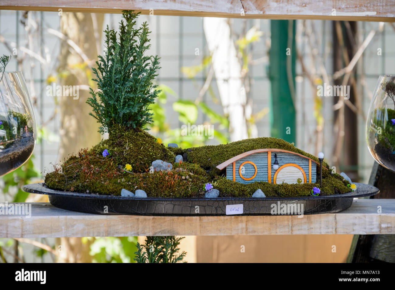 Hobbit Haus in einen Topf mit Moos und kleinen Pine Cone. Modell eines Hobbit House Stockfoto