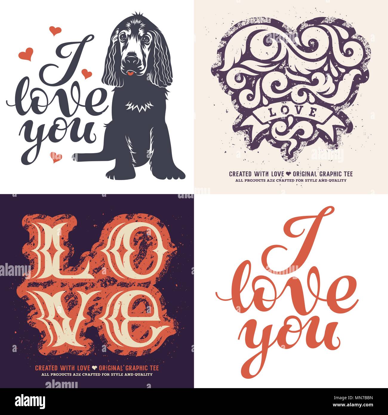 Liebe t-shirt grafische Gestaltung/Satz von vier Romantische Drucke/Graphic Tee/handgemachte Typografie Stock Vektor