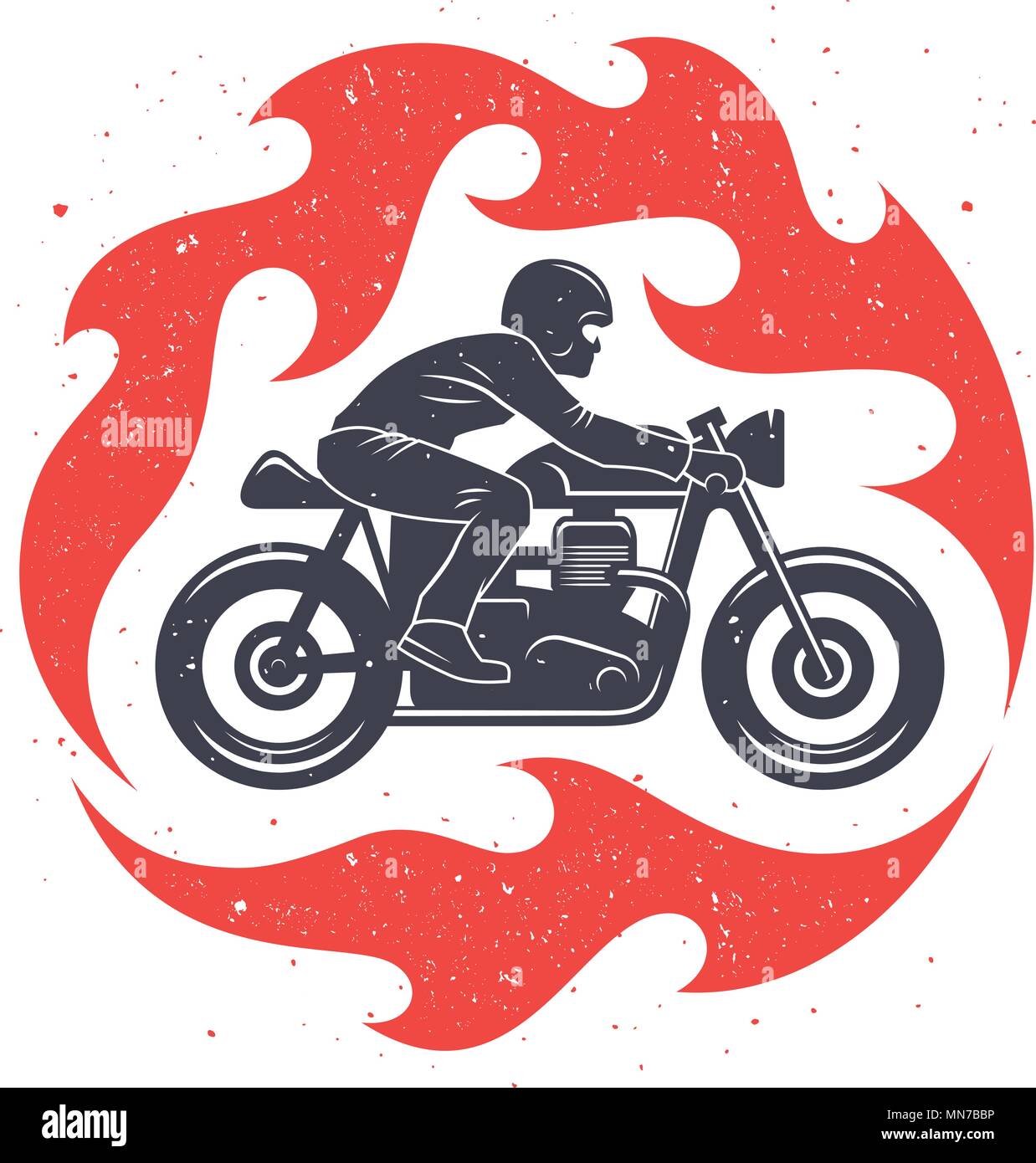 Vector Illustration mit einem Motorradfahrer und Spurte der Flamme/Cafe Racer Graphic Tee/T-shirt Design Stock Vektor