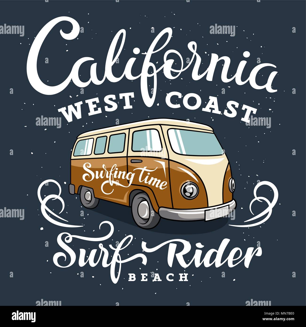 Surfen Artwork mit einem Hippie Camper van. Kalifornien Westküste. Surfrider Beach. T-shirt Bekleidung Grafiken drucken. Original Graphic Tee Stock Vektor